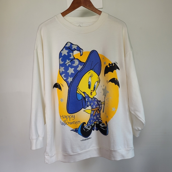 Vintage 90s Happy Halloween Tweety Crewneck Sweatshirt 2X 20w Witch White '95 - Picture 2 of 7